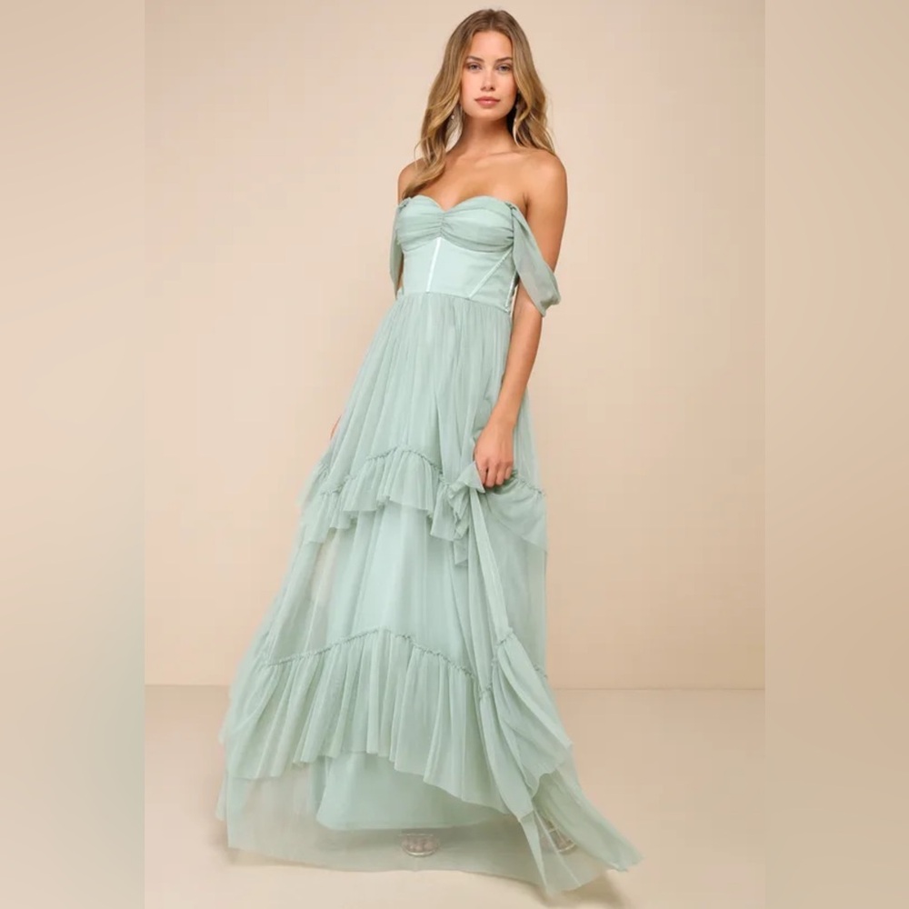 Lulu's Mint Green Off-Shoulder Maxi Dress